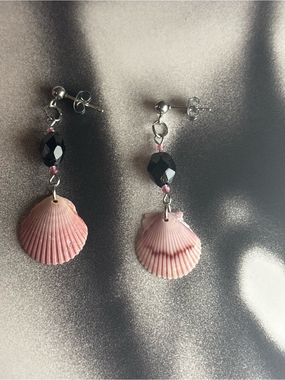 Pink Shell Drop Earrings with Black Faceted Beads - Women Jewelry